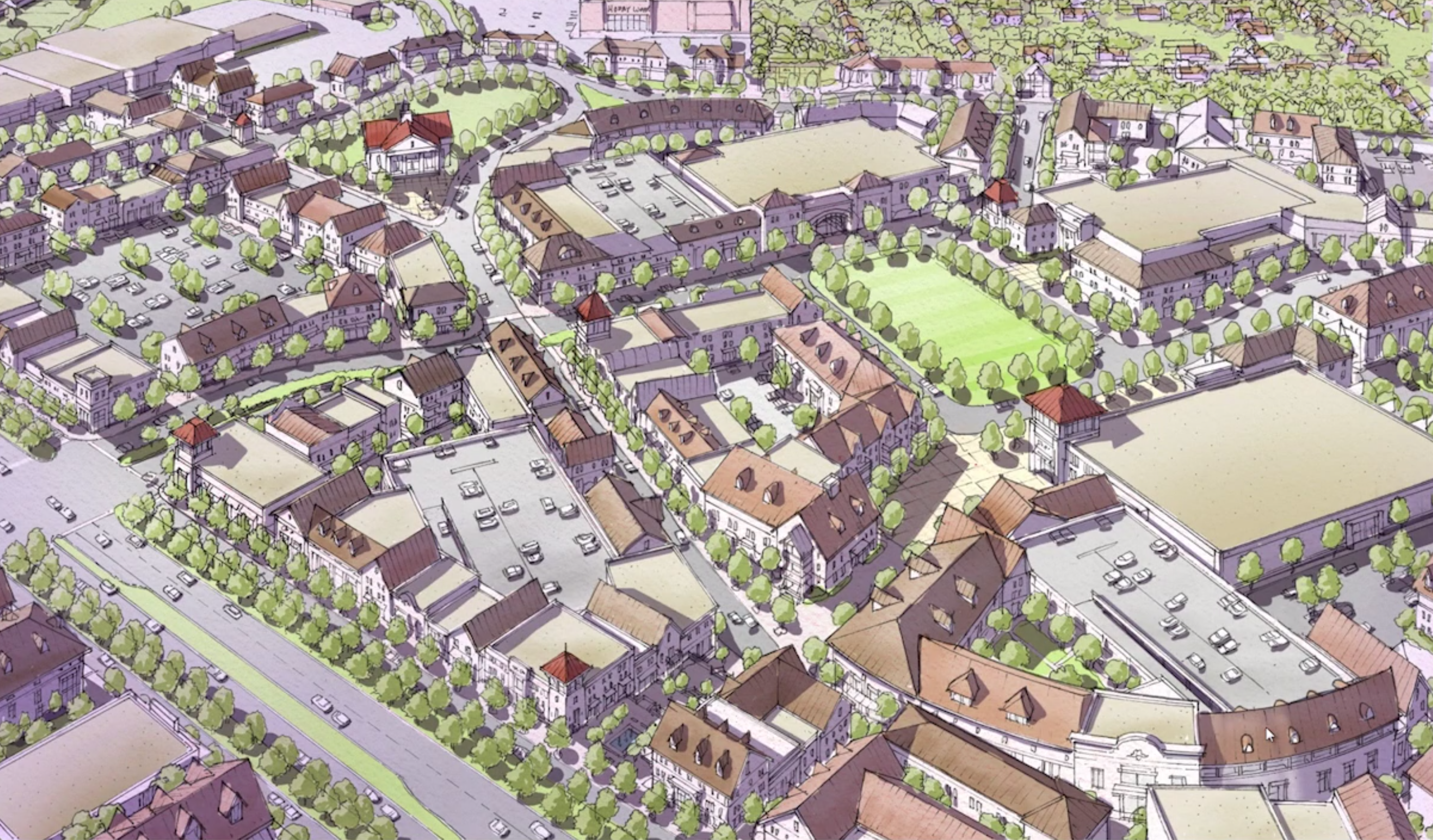 water color sketch of small town center