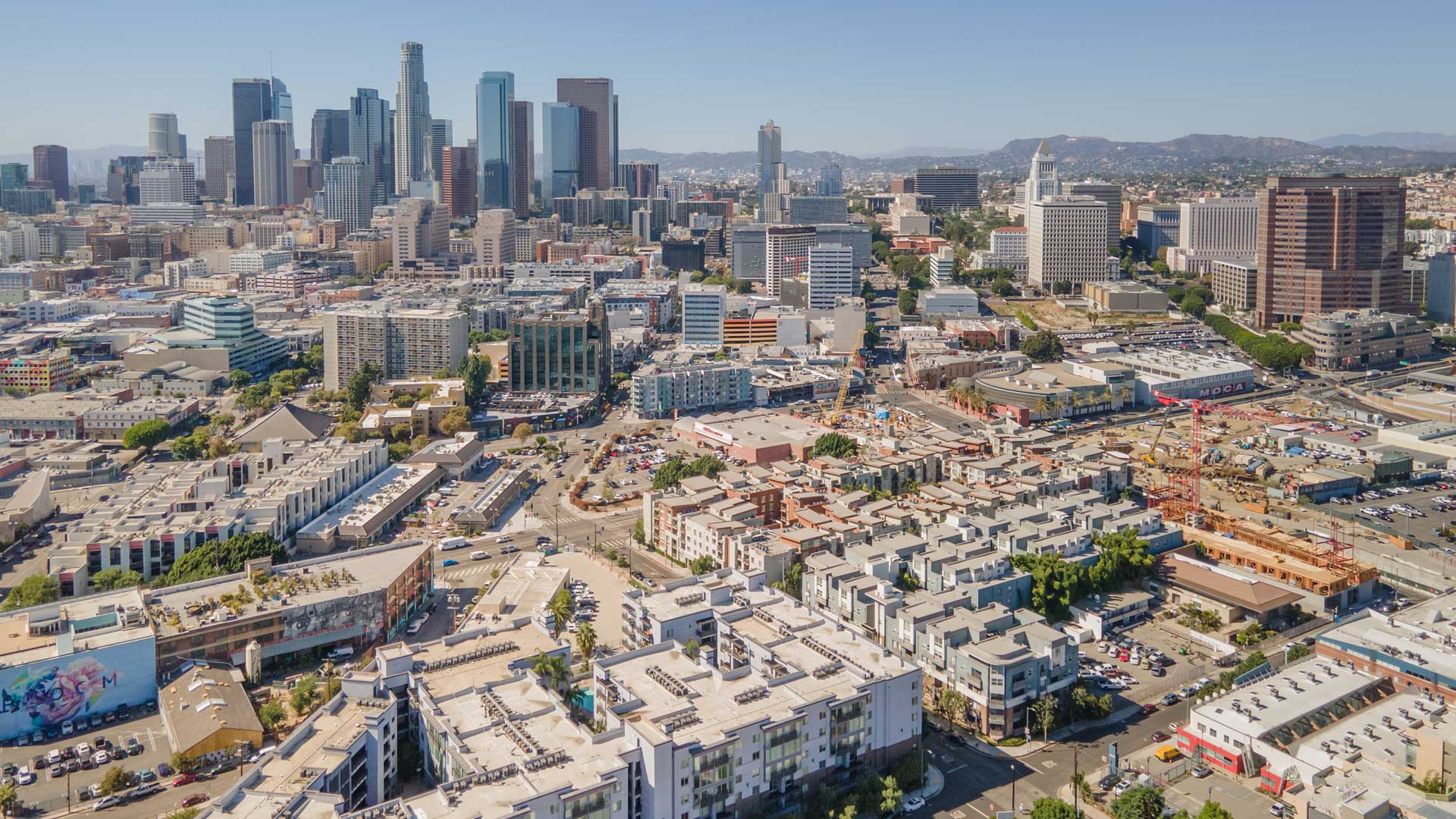 aerial of los angeles with apartment buildings 