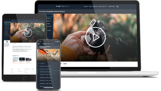 Computer, phone, and tablet displays of AICP CM credit online planning courses on Planetizen Courses