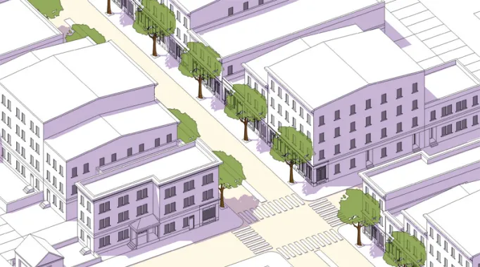 illustratin of street with buildings and trees