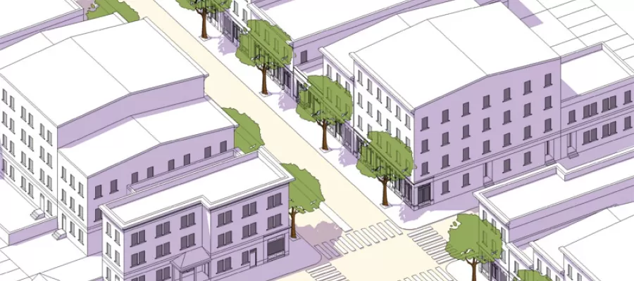 illustratin of street with buildings and trees