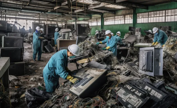 A group of workers sorts through electronic waste.