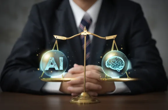 A man sitting in front of a scale with AI on one end and a digital brain on the other.