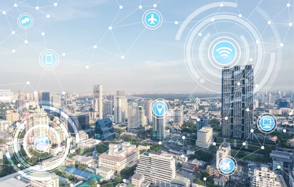 A city with digital icons.
