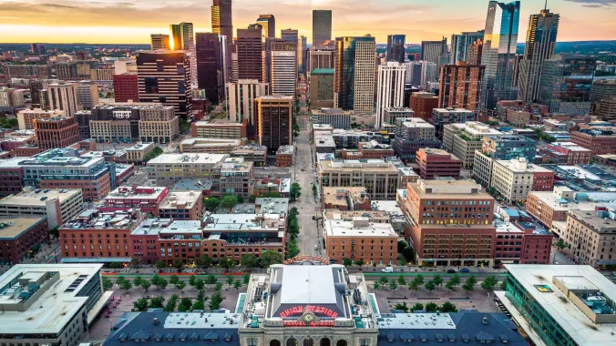 Denver union station with city skyline aerial photo