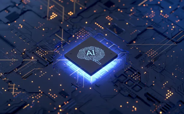 A futuristic plane of computer chips with AI written in the middle,