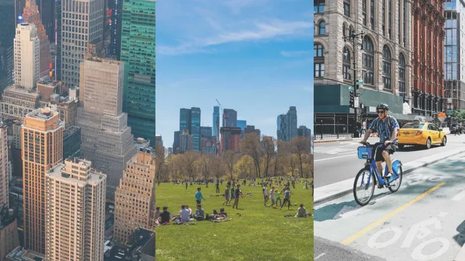 three images of New York buildings, Central Park and a man riding a bike 