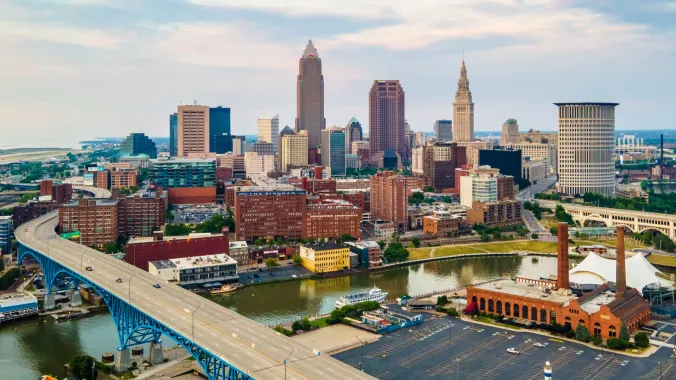 cleveland ohio skyline with industrial buildings