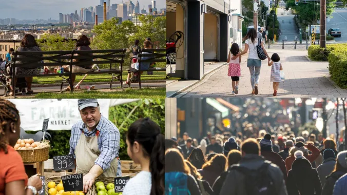 collage of images with families, a crowded sidewalk, and a farmer's market