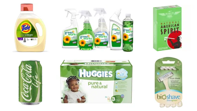 variety of products such as household cleaners and cigarettes with green labels 