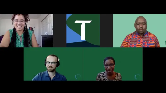 Panel of five speakers on webcams