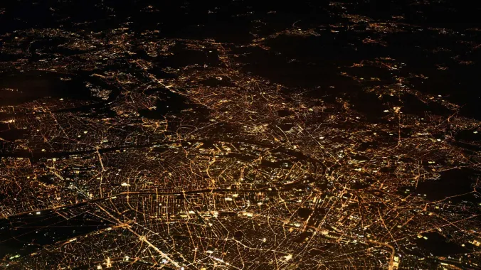 aerial view of a city at night