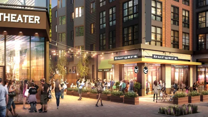 Rendering of a mixed use development with a theatre, restaurant, and residential units above 