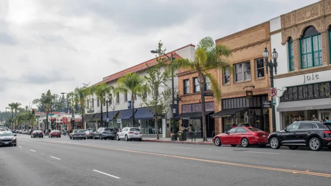 cars parked along curb in Old Town Pasadena California