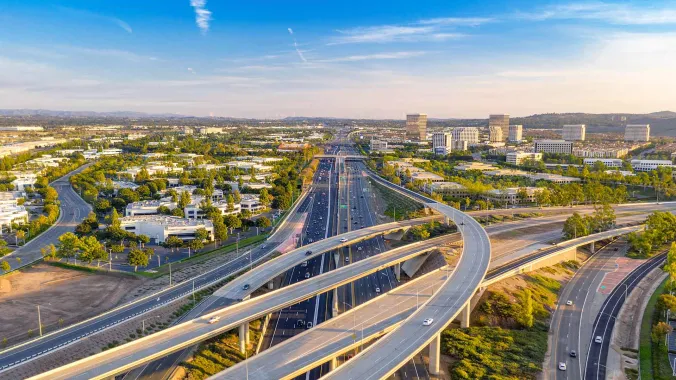 aerial view of mulitple freeways intersecting