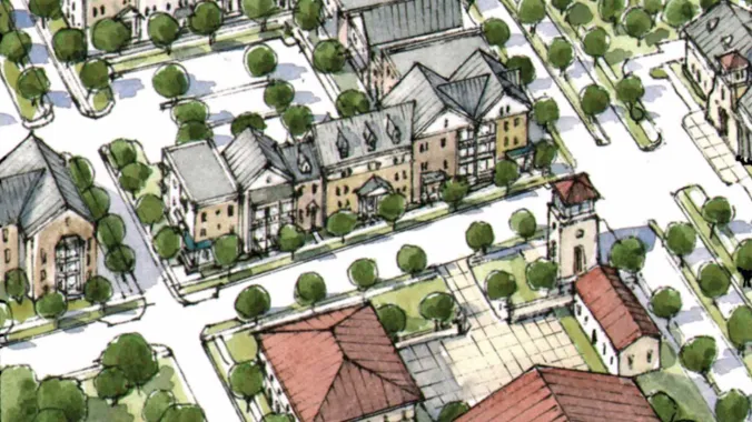 rendering of city streets and buildings
