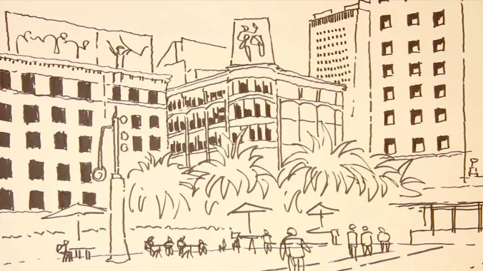 ink drawing of buildings and people in foreground