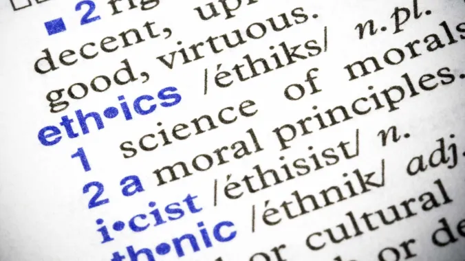 closeup of ethics defintion