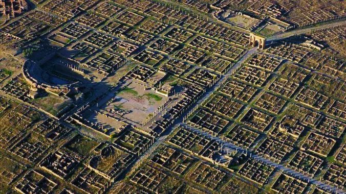 aerial view of ancient city grid