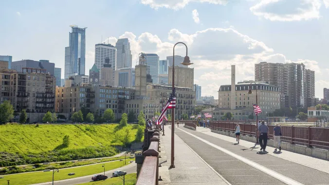 view of downtown minneapolis from bridge