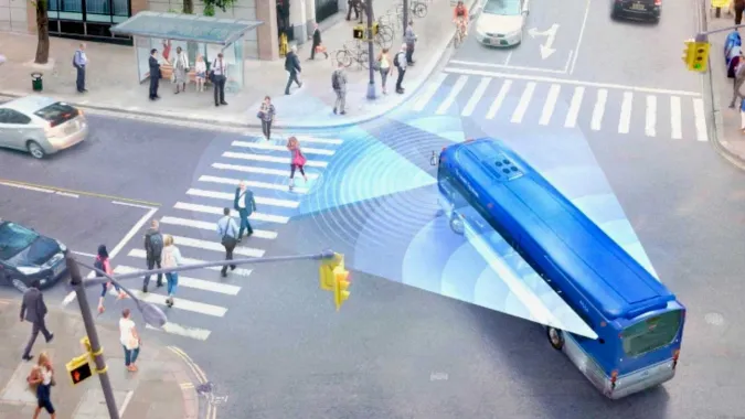 high tech bus in intersection for urban planning course