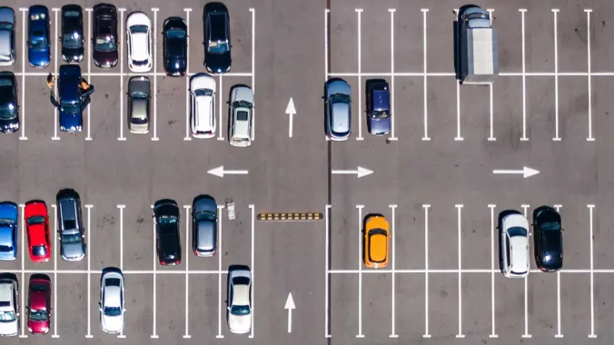 aerial view of large outdoor parking lot 