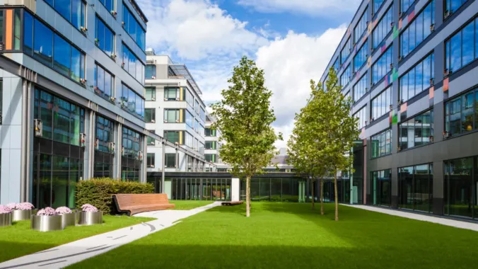office buildings surrounding small park