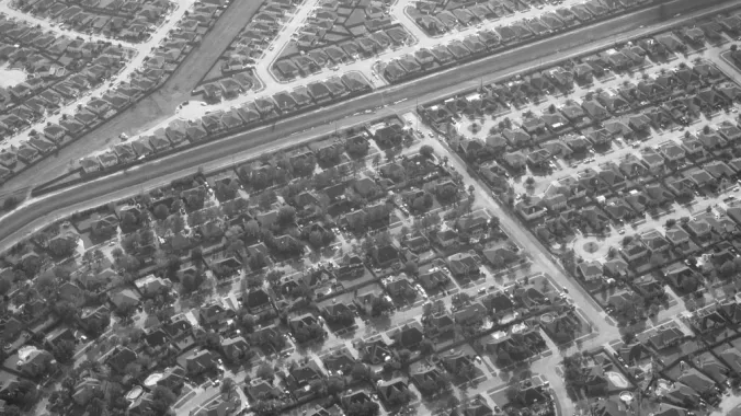 black and white image aerial of suburban homes