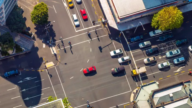 aerial view of cars at large intersection