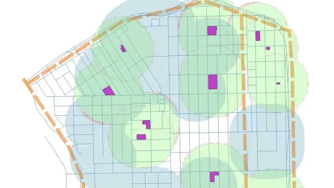 QGIS model of pedestrian shed for urban design course