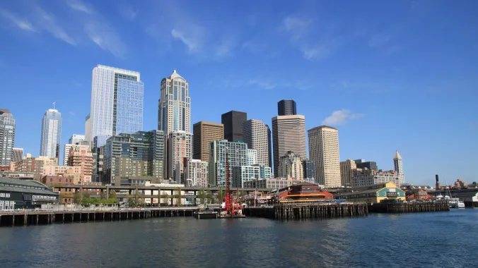 water dock with buildings in background