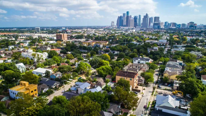 aerial of Houston with houses and buildings 