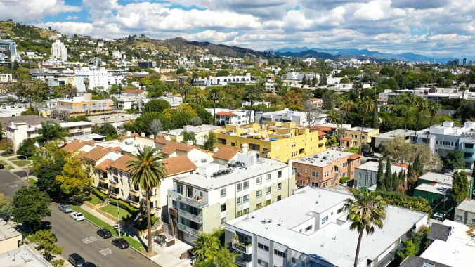 aerial of los angeles apartments and housing 