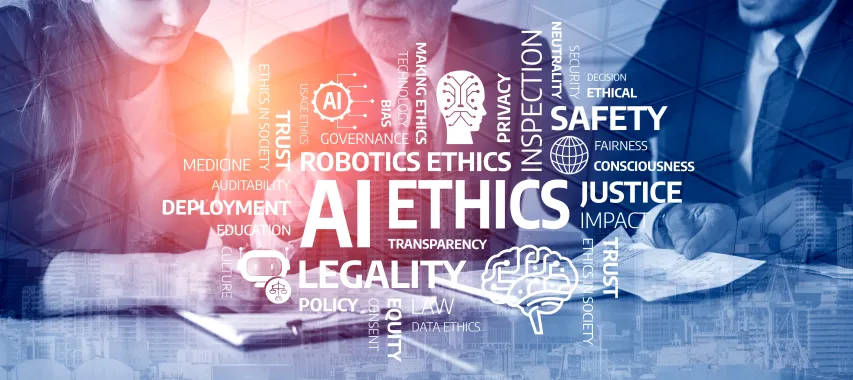 Image of people gathered around a clipboard and papers with AI Ethics, legality, justice, etc words