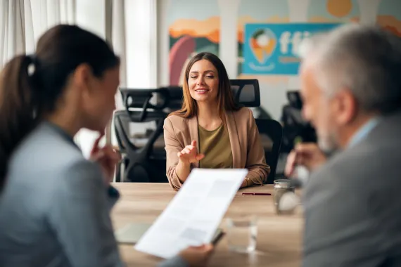 A confident woman in the middle of an interview.