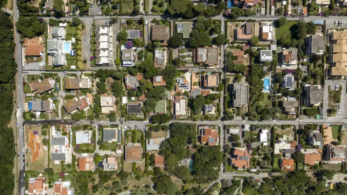 An overhead view of a suburban neighborhood.
