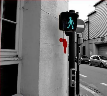 black and white image of a crosswalk light with a green walking man and a red hanging man