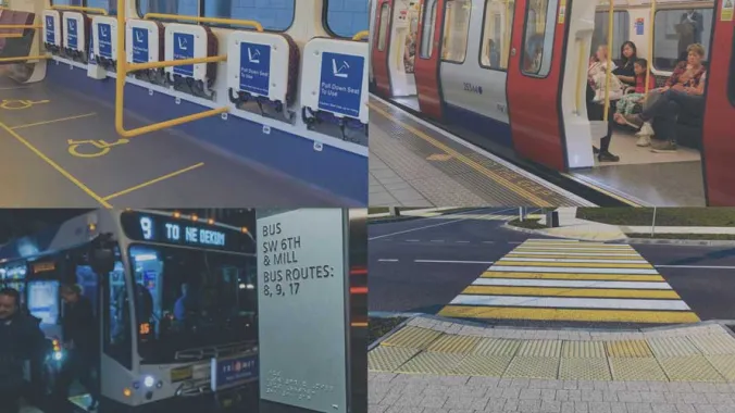 examples of universal design which include bus stop sign with large letters, public transit space for wheelchair bound people