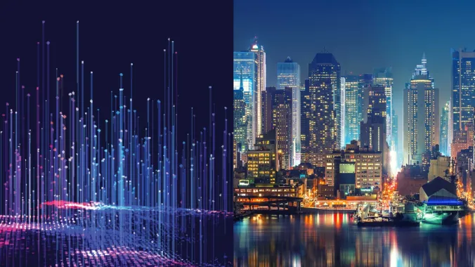an image of the concept of data and a city skyline at night