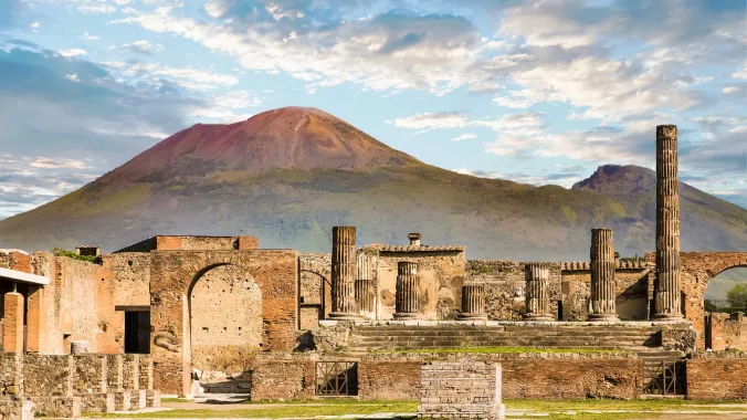 Pompeii ruins with Mount Vesuvius in the background