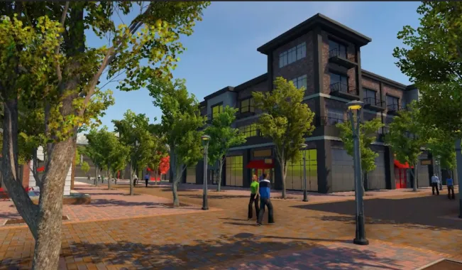 virtual reality scene of buildings and street