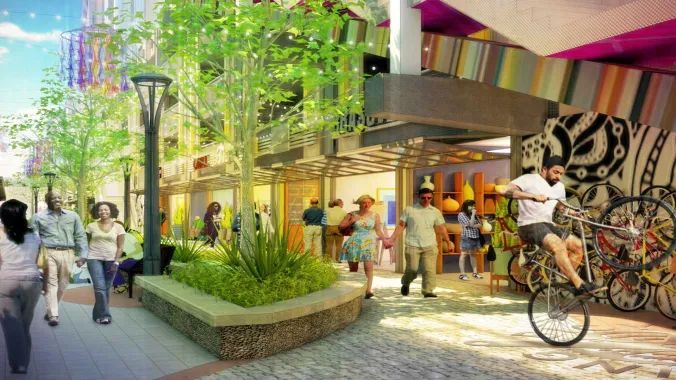 mixed-use development with people walking, retail stores