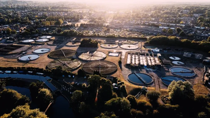 Aerial shot of a sewage water treatment plant.