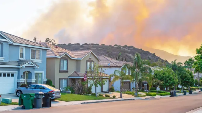 wildfire on a hill behind a row of suburban homes