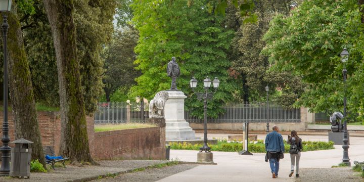 Park on the historic walkable city wall of the Italian city of Lucca in the Pisa region