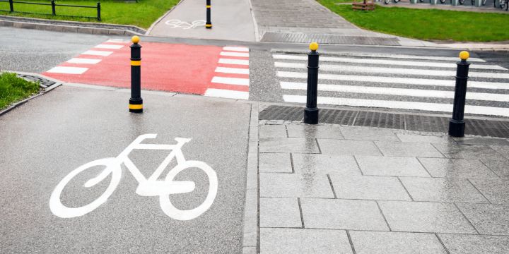 View on pedestrian crossing and bike way in city