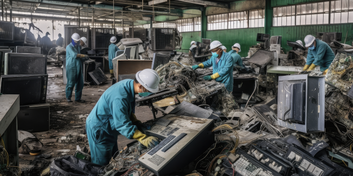 A group of workers sorts through electronic waste.