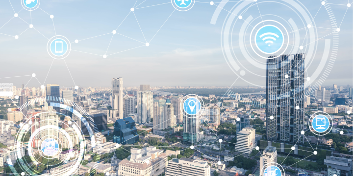 A city with digital icons.