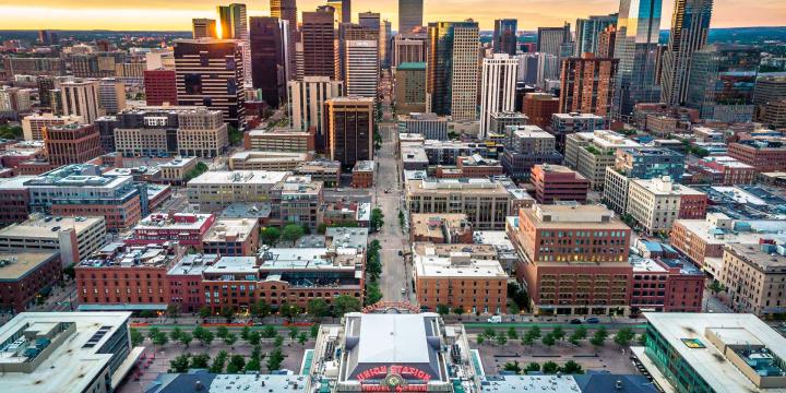 Denver union station with city skyline aerial photo