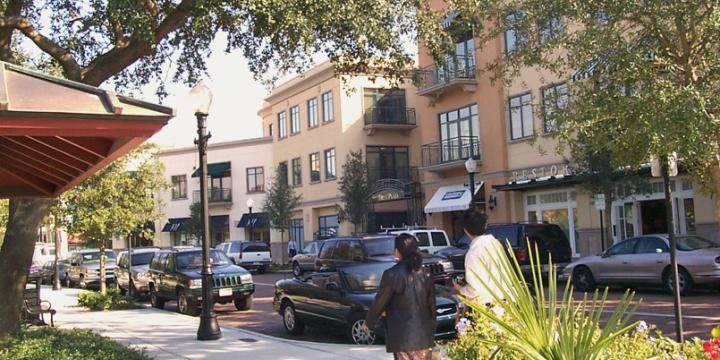 street with storefronts and living spaces